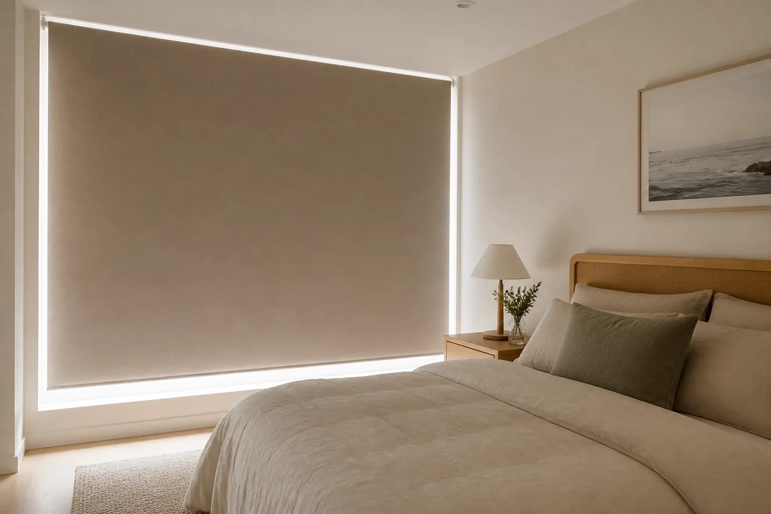 Blockout roller blind fitted to a large bedroom window