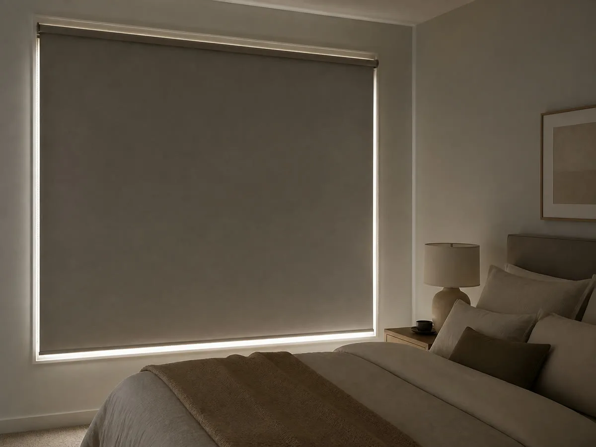 Blockout roller blinds providing privacy in a bedroom