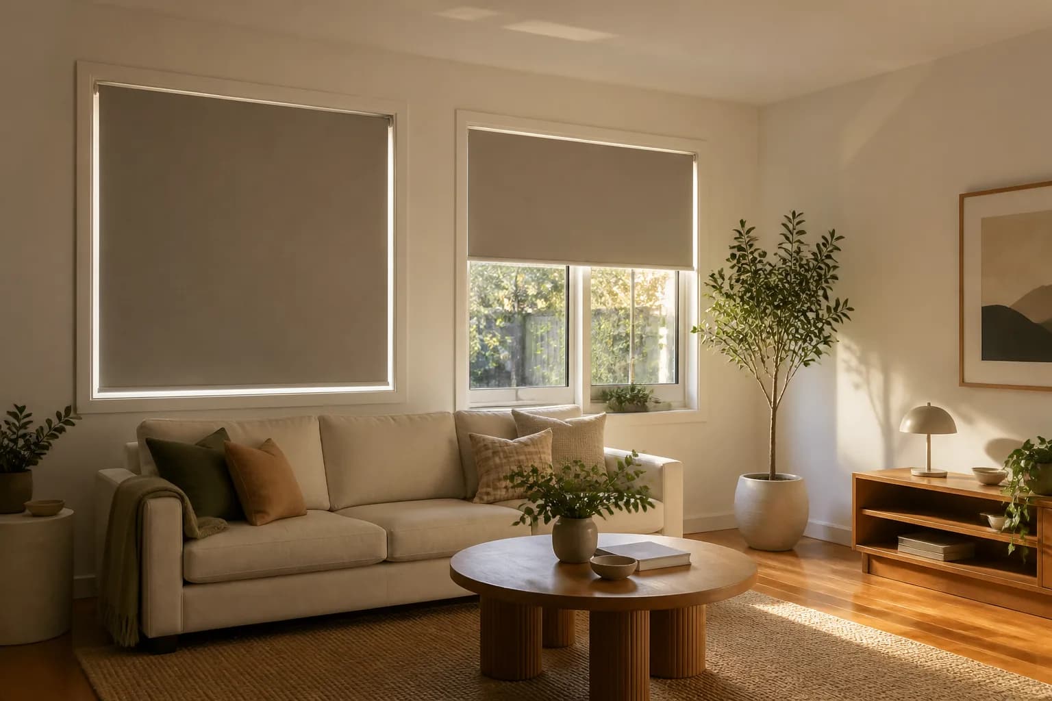 Blockout roller blinds controlling light across two living room windows
