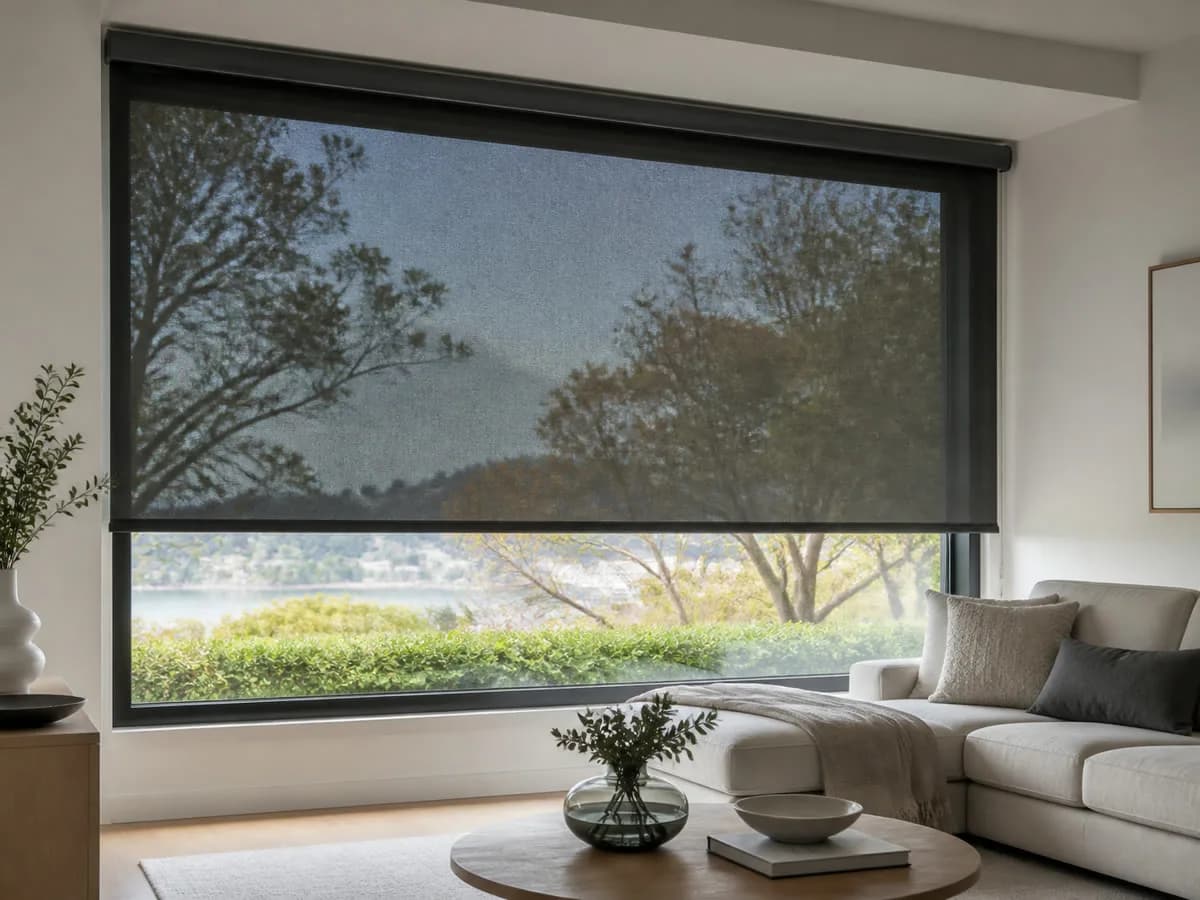Sunscreen roller blinds reducing glare while preserving the outside view