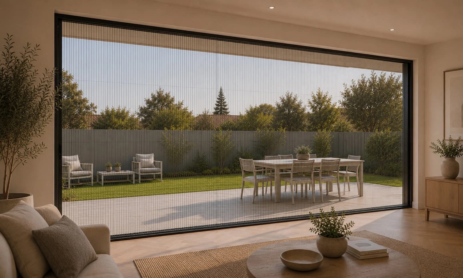 Fly screens installed across a bright opening