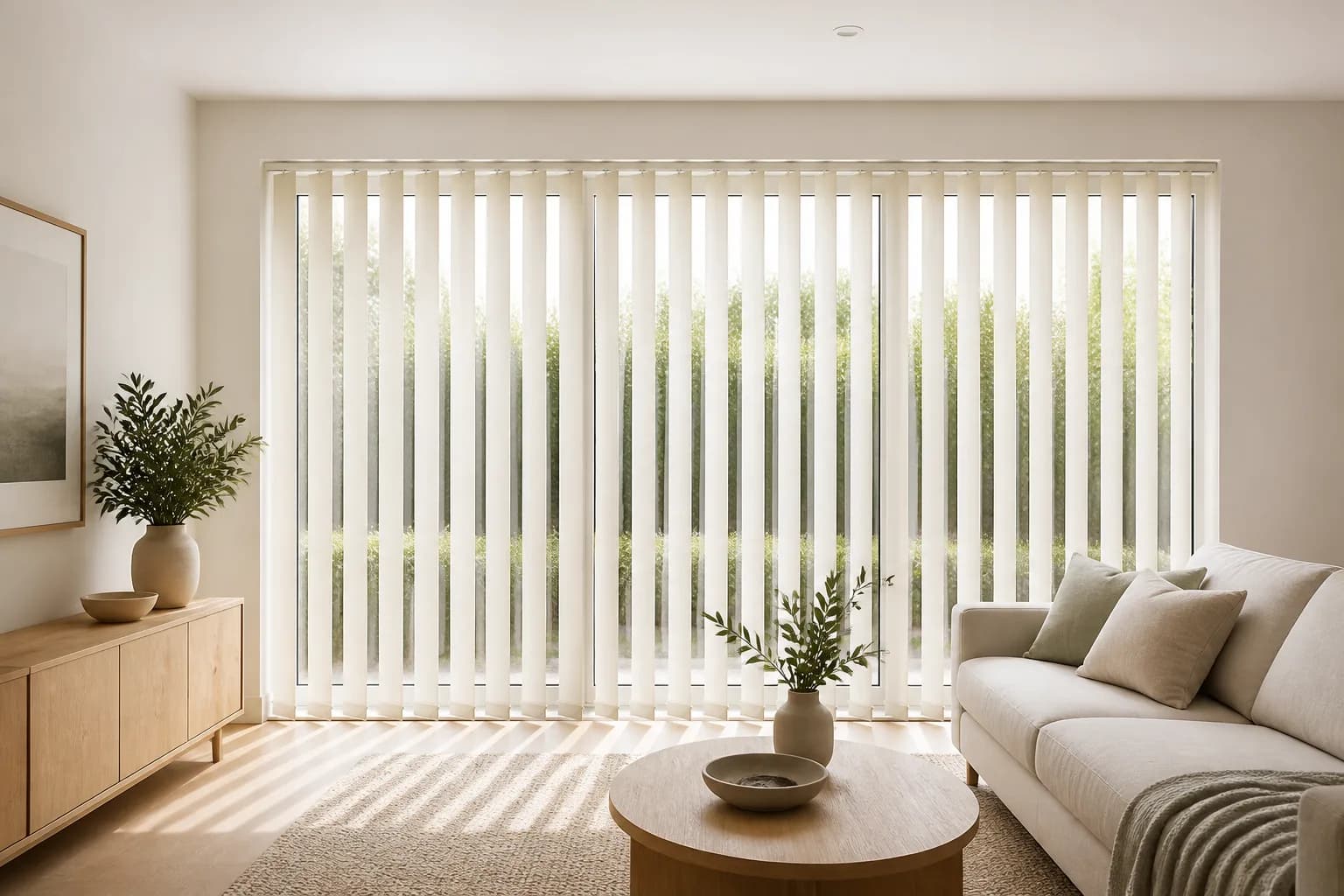 White vertical blinds filtering daylight across a wide living room window