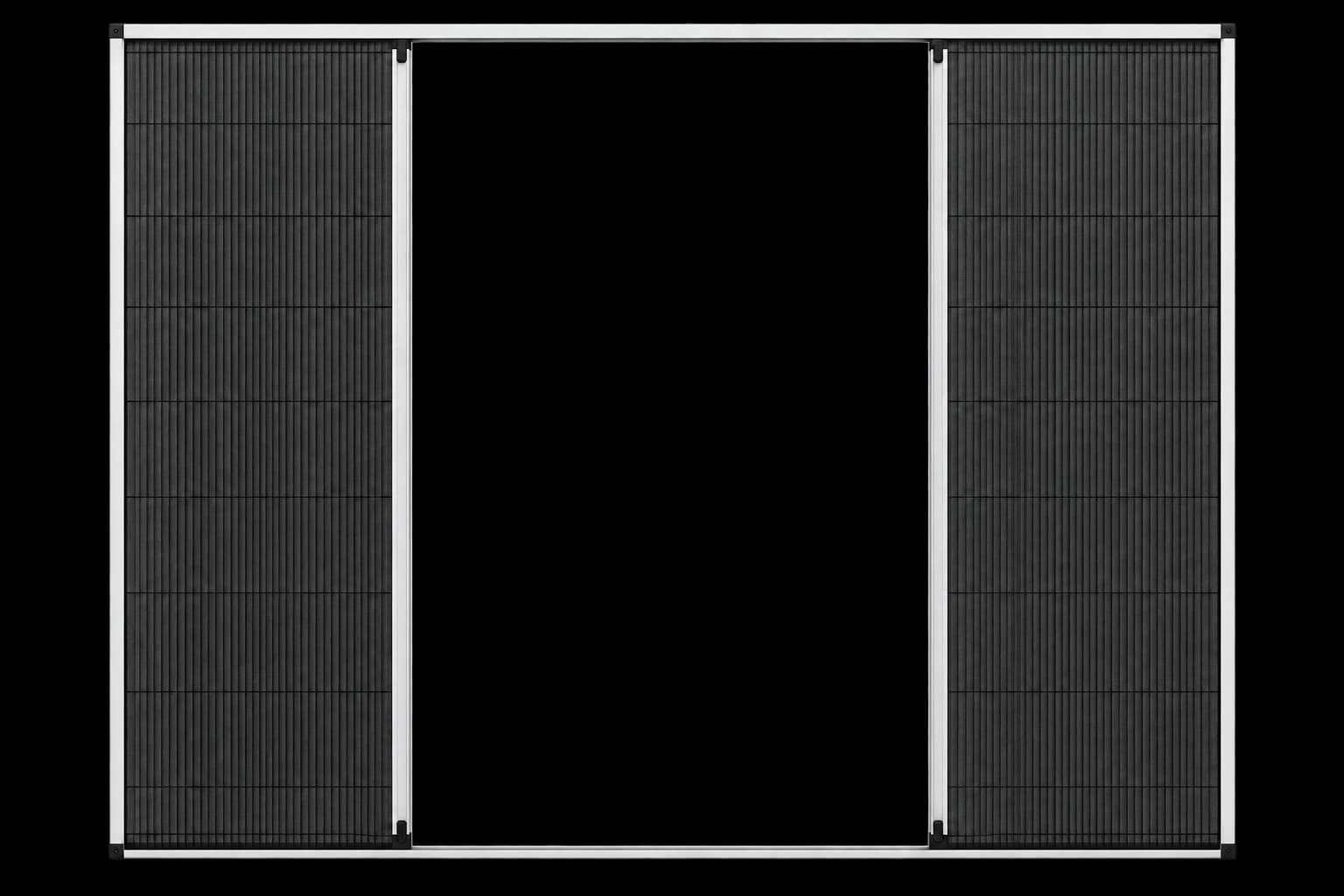 Double sliding pleated fly screens meeting at the centre