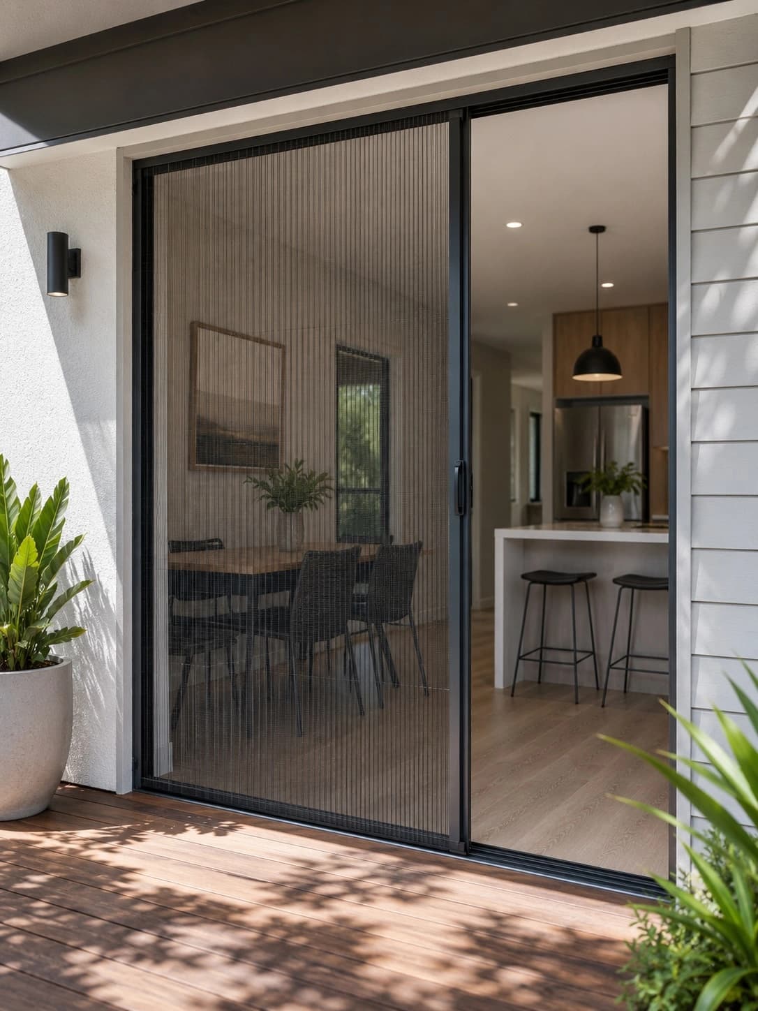 Retractable fly screen fitted across a wide opening