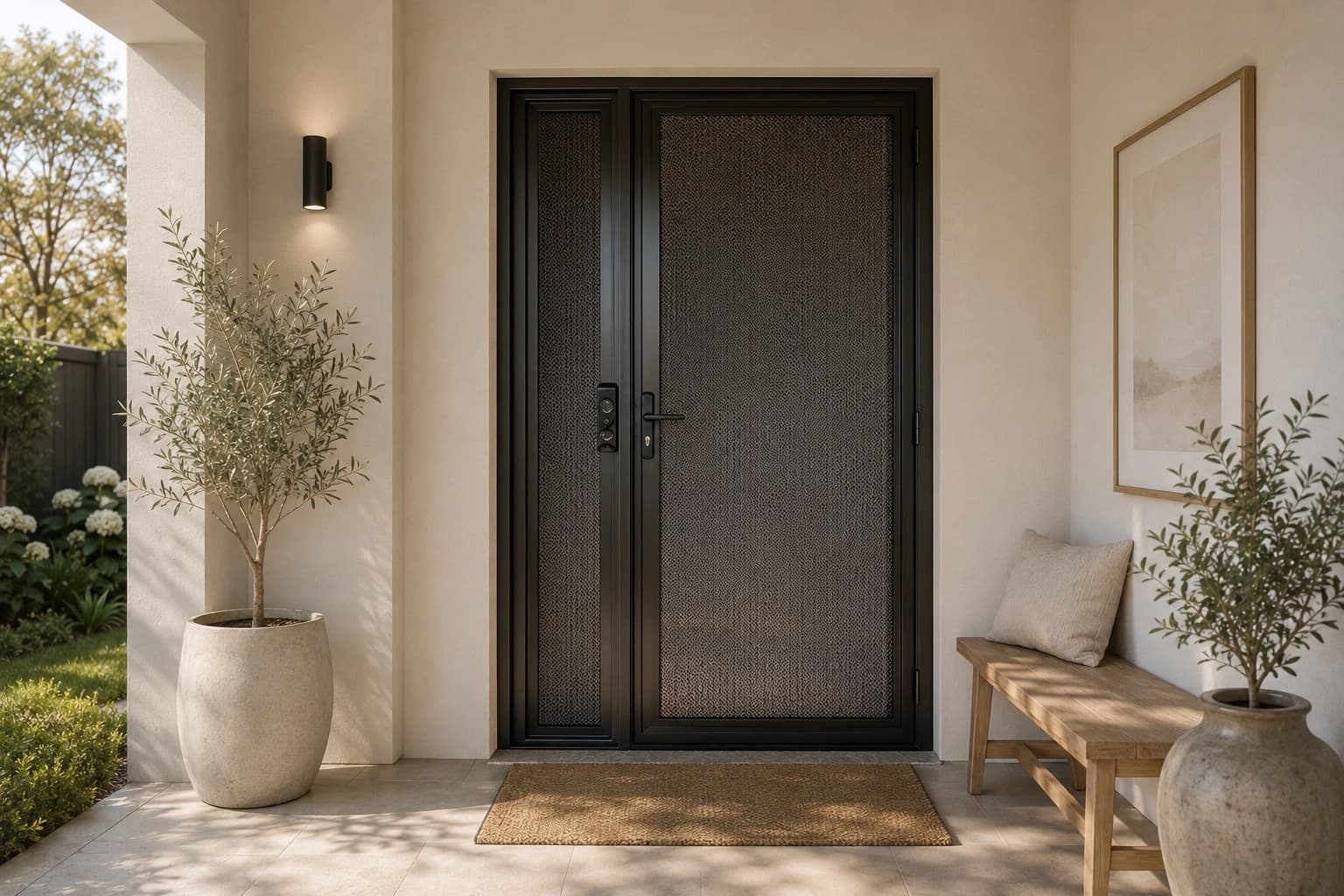 Safety screen door opening to an outdoor area